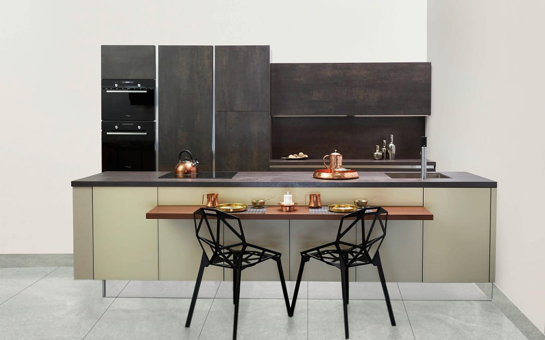 modern kitchen with table and black chars