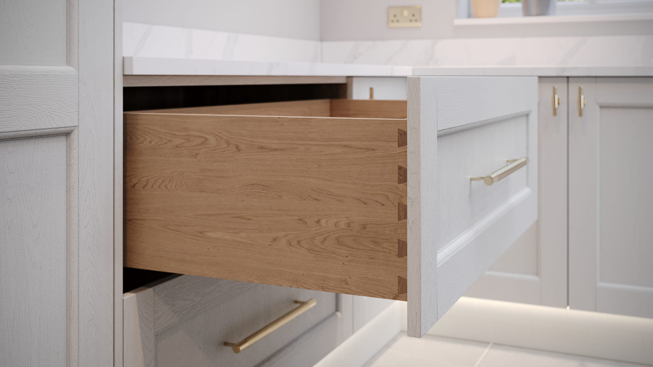 Oak high drawer Black Handleless Designer Kitchen