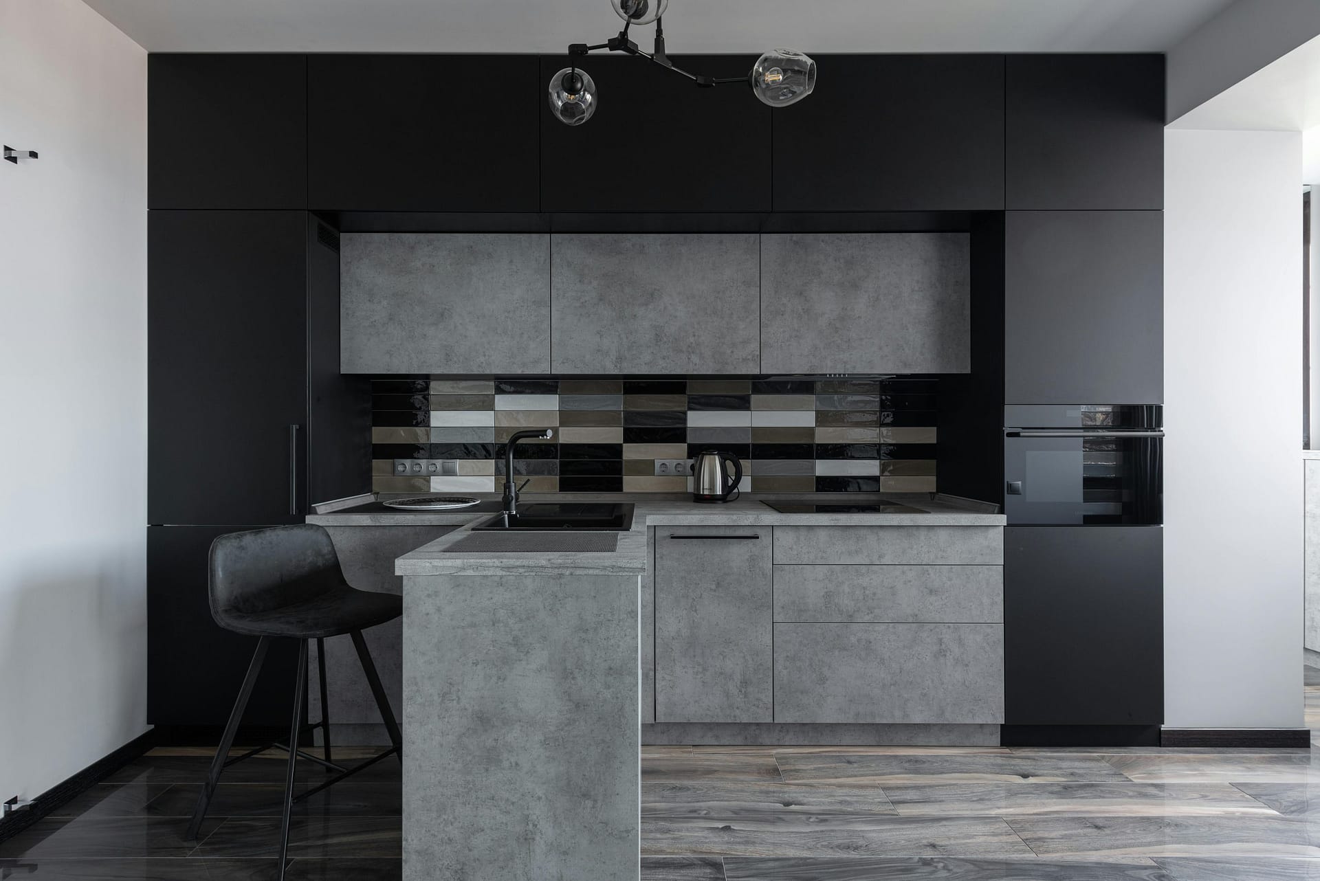 modern grey kitchen in dark colours